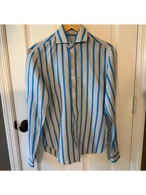 Campo Marzio 9 Italy Linen Shirt Womens Slim Fit Light Grey Blue Stripe EUC
